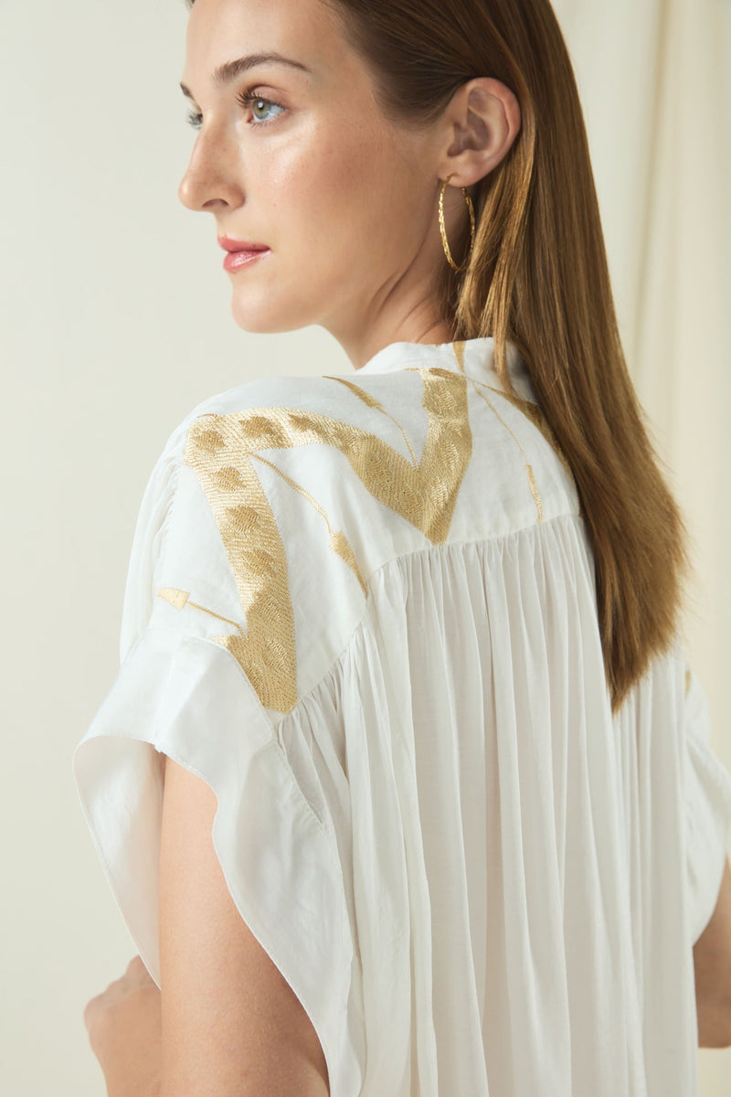 BLOUSE ROOTS SLEEVELESS GATHERINGS - WHITE/GOLD