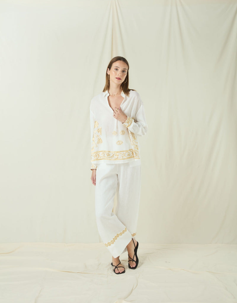 BLOUSE CRETE L/S - WHITE/GOLD