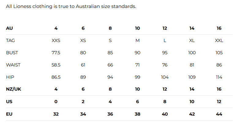 Lioness_Sizechart