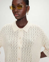 Openwork knit cardigan shirt collar ecru Vadim