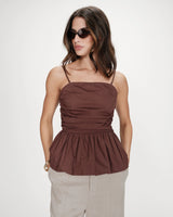 Peplum bustier square-neck top chocolat Valo