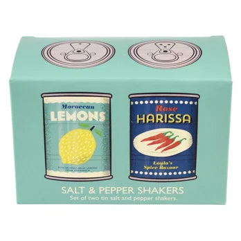 Tin salt and pepper shakers - Lemons and harissa