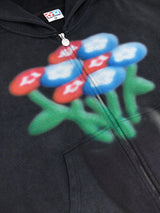 Spray Flower Zip Up Hoodie - Black