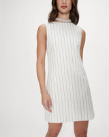 
Straight short striped linen dress with tie-back white Vea