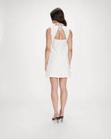 
Straight short striped linen dress with tie-back white Vea