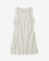 
Straight short striped linen dress with tie-back white Vea