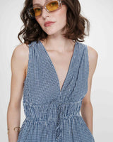 Cotton checked maxi V-neck dress marine Velmira