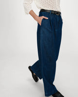 Wide-leg denim pants mid-rise with pleats mediumblue Vienne