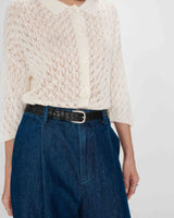 Wide-leg denim pants mid-rise with pleats mediumblue Vienne