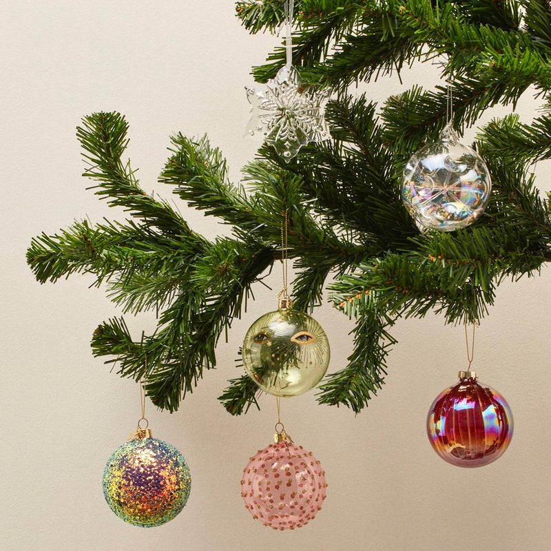 BAUBLE GLASS PINK TRANSPARENT GOLD GLITTER DOTS 8 CM