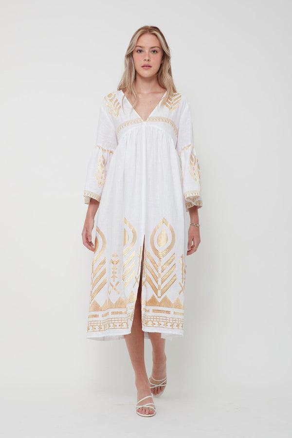 DRESS LONG FEATHER BELL SLEEVE - WHITE GOLD