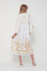 DRESS LONG FEATHER BELL SLEEVE - WHITE GOLD