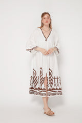 DRESS LONG FEATHER CHEVRON BELL SLEEVES - WHITEBROWN_1