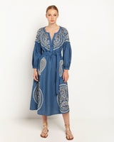 DRESS LONG PAISLEY RUFFLES BELT - INDIGO & GOLD