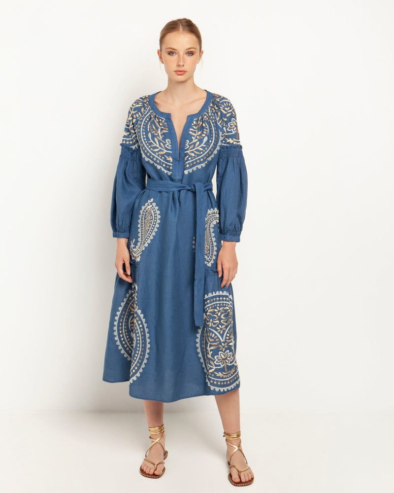 DRESS LONG PAISLEY RUFFLES BELT - INDIGO & GOLD