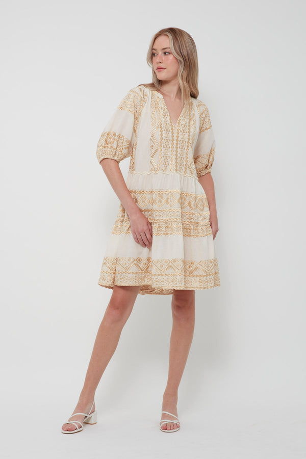 DRESS SHORT ALL OVER OLD PUFFY SLEEVE - NATURAL GOLD