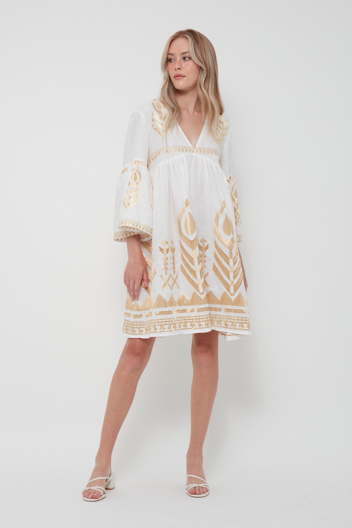GREEK ARCHAIC KORI DRESS SHORT FEATHER BELL SLEEVE WHITE GOLD ANOTHER STORY