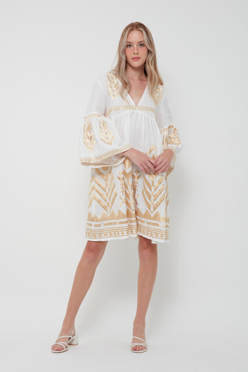 DRESS SHORT FEATHER BELL SLEEVE - WHITE GOLD
