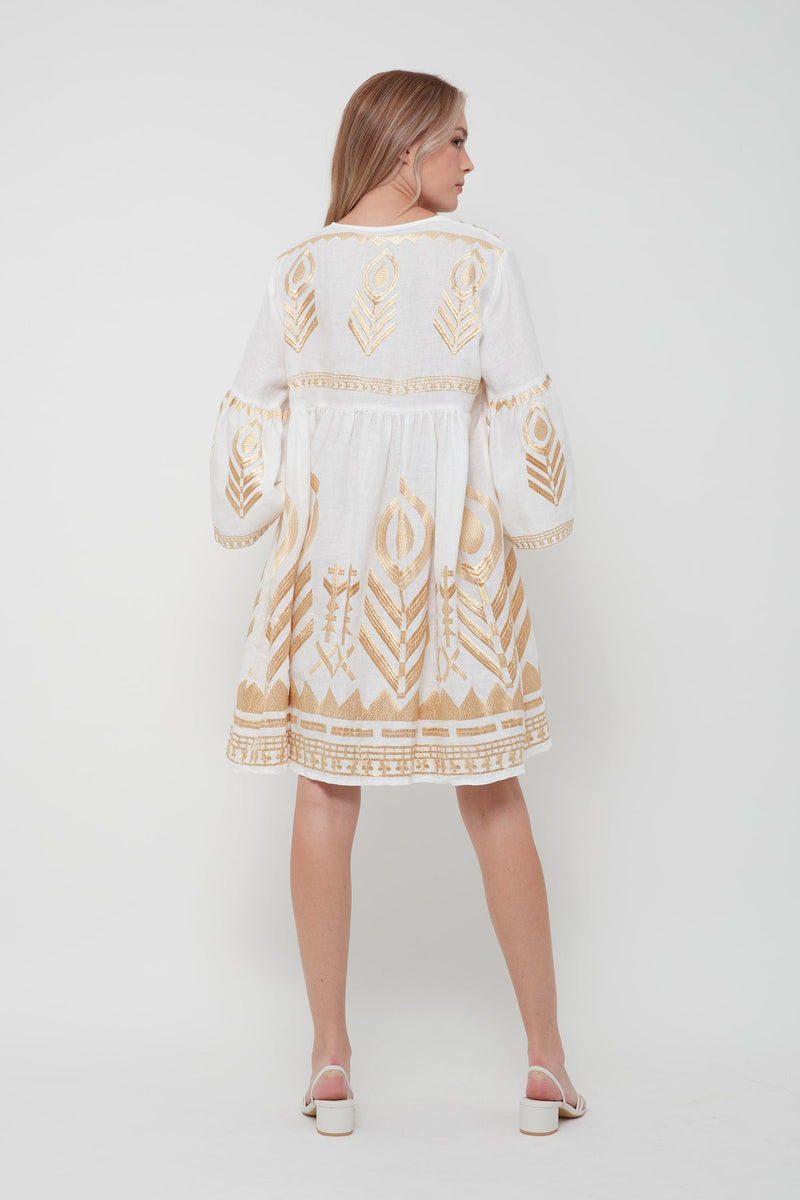DRESS SHORT FEATHER BELL SLEEVE - WHITE GOLD
