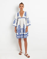 DRESS SHORT FEATHER BELL SLEEVE - WHITE & BLUE