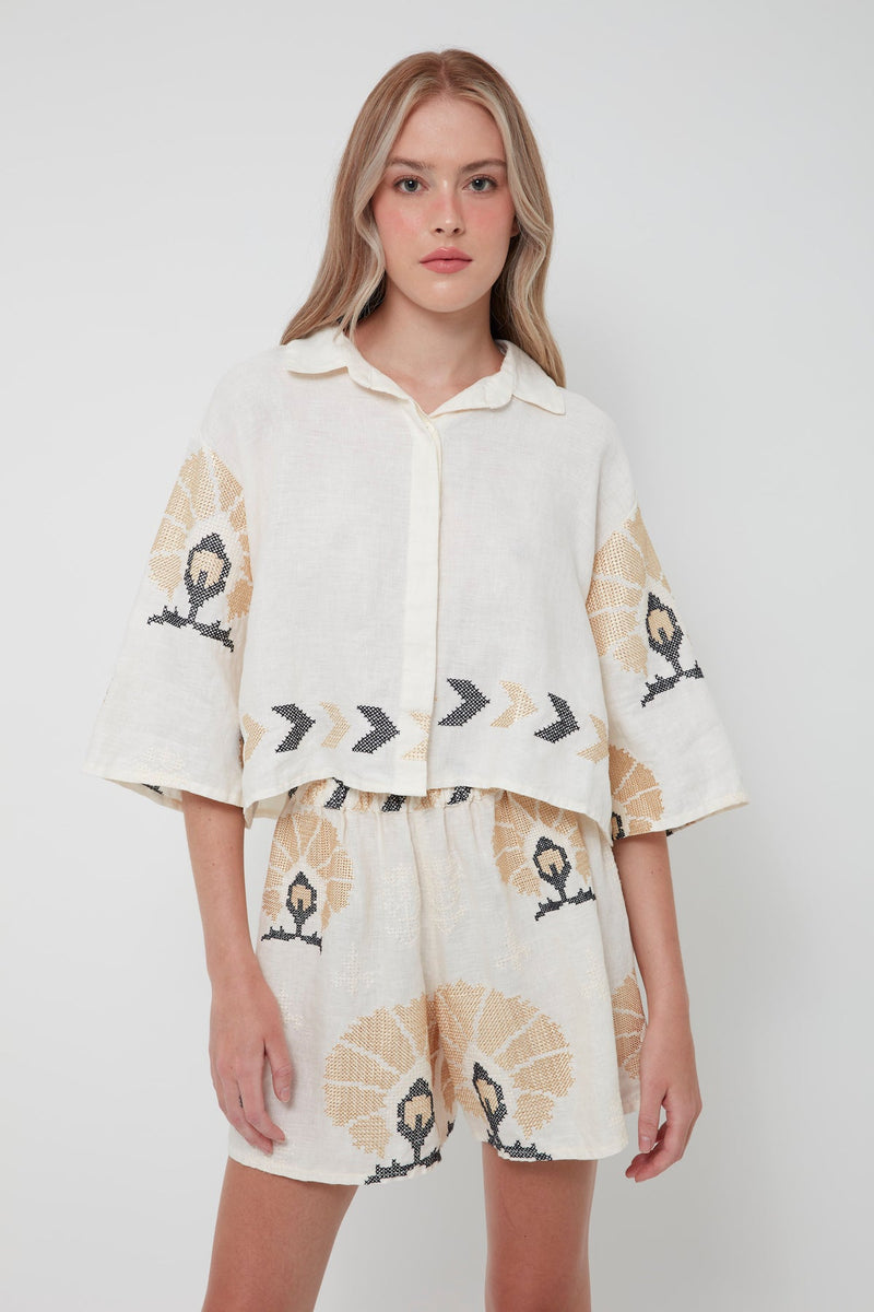 SHIRT MINI PEACOCKS S/S - NATURAL GOLD