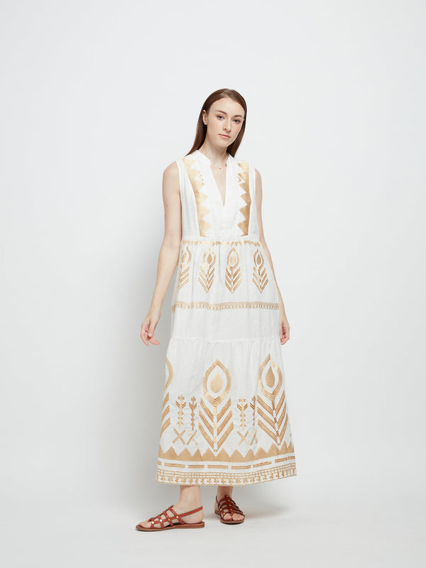 SLEEVELESS DRESS FEATHER LINEN - WHITE & GOLD