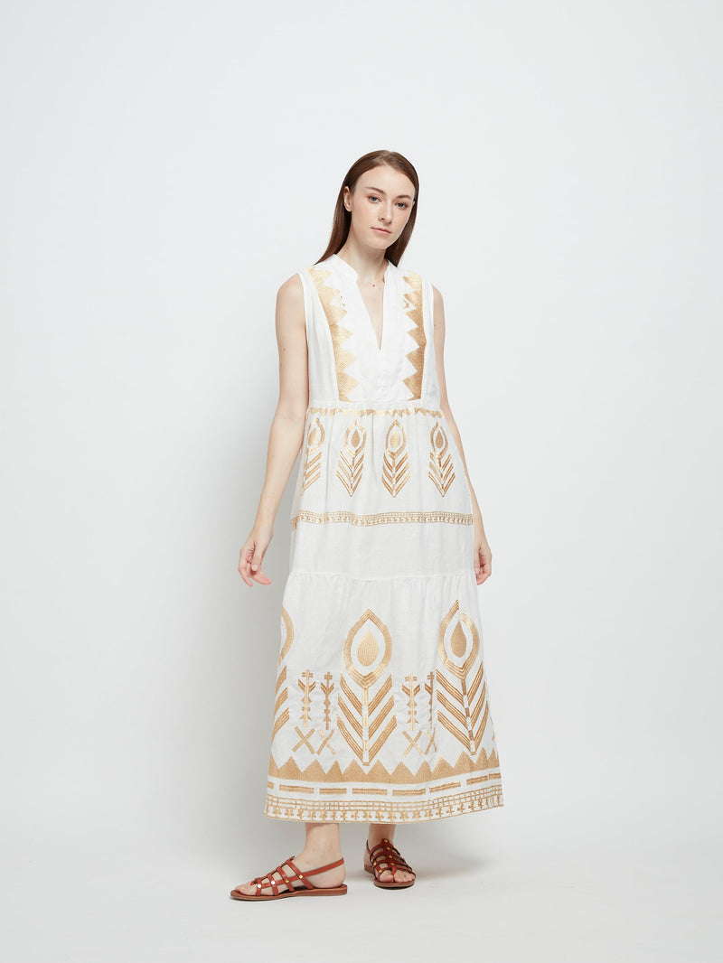 SLEEVELESS DRESS FEATHER LINEN - WHITE & GOLD