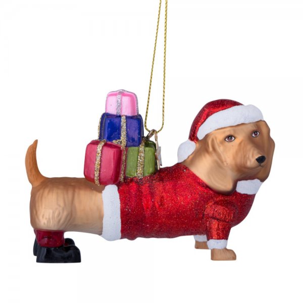 VONDELS Ornament glass red Santa dachshund w gifts