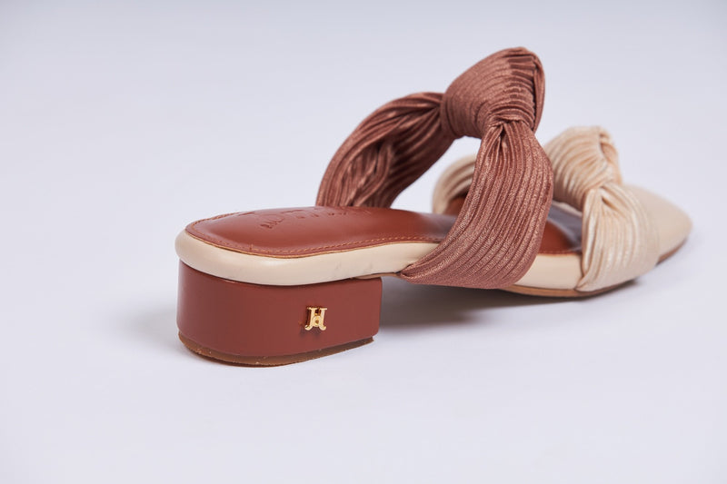 Plisse Double Knot Slide Sandals - nude-brown